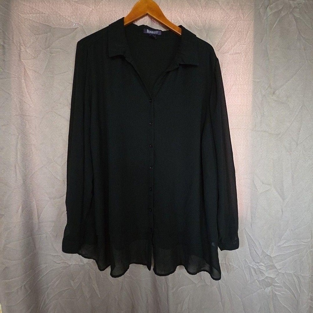 Roaman's Blouse Womens Plus 28W Black Collared Long Sleeve Sheer Tunic Top
